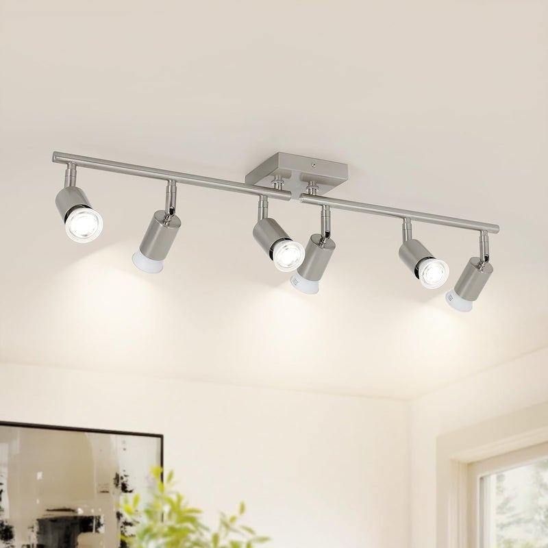 SEEBLEN 6-Light Brushed Nickel Track Lighting Fixtures Ceiling – Modern Ceiling Light Bar with Adjustable GU10 Heads, Sleek Metal Track Lighting for Kitchen & Living Room - Image 1